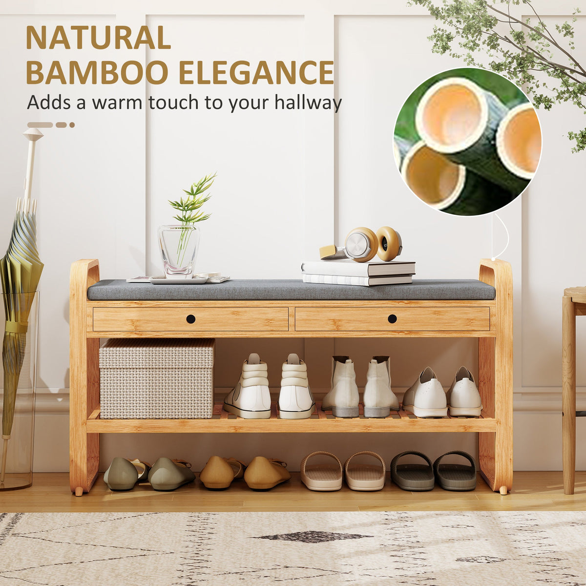 HOMCOM Shoe Bench with 2 Drawers Cushioned Seat Shoe Storage Bench for Hallway 105 cm Natural and Grey