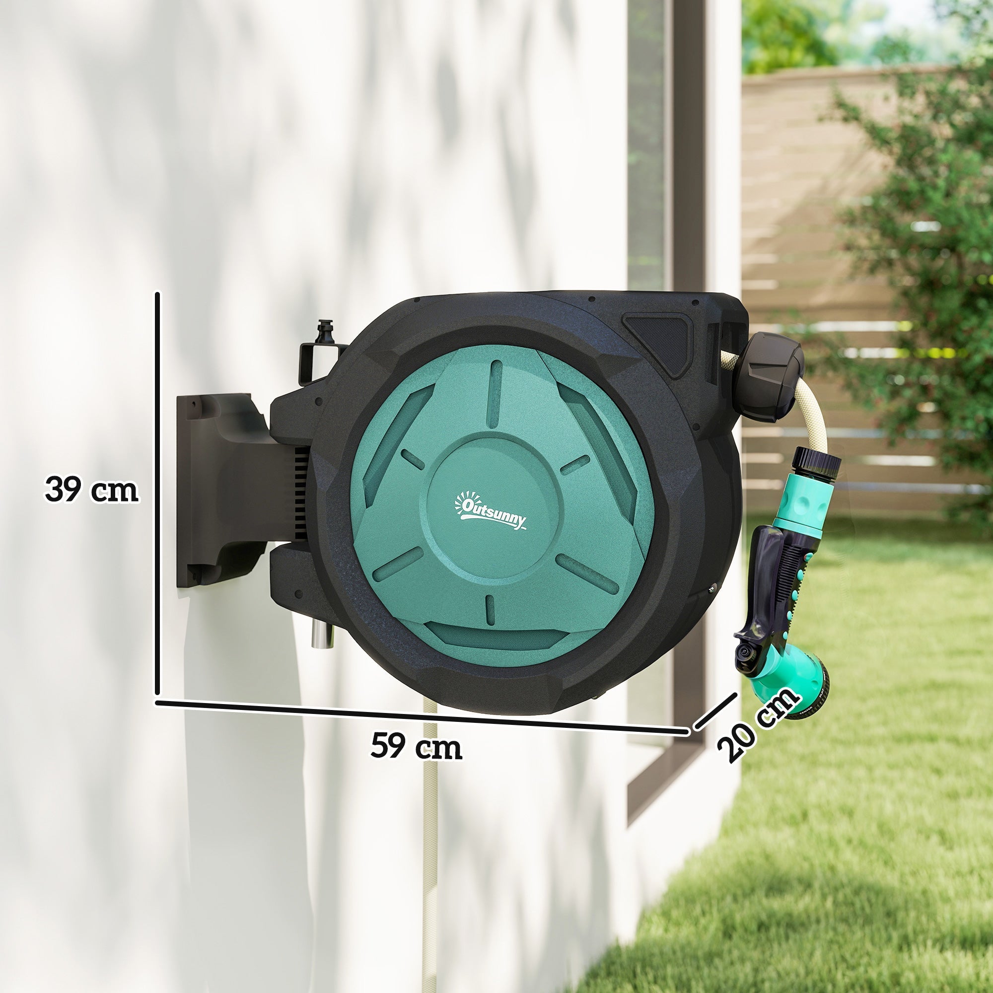 Outsunny Retractable Hose Reel Wall Mounted, 20+2m Garden Hose Pipe Reel with Lock, Auto Rewind, 7 in 1 Spray Nozzle, Includes Wall Fixings, 180Â° Swivel, Outdoor Watering, 54 x 20 x 39 cm, Black