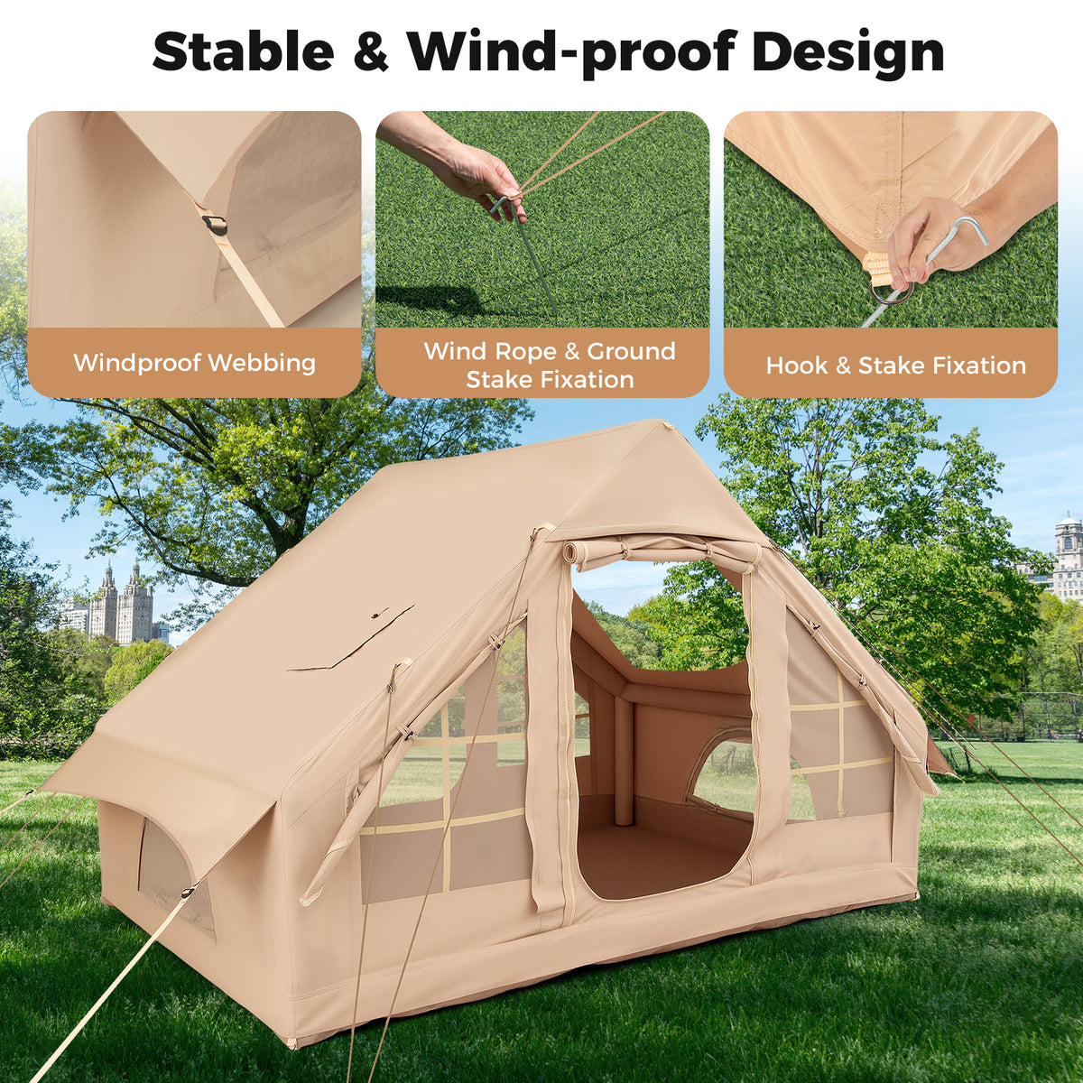 4-6 People Inflatable Tent with 4 Mesh Screen Windows and 2 Doors-Beige