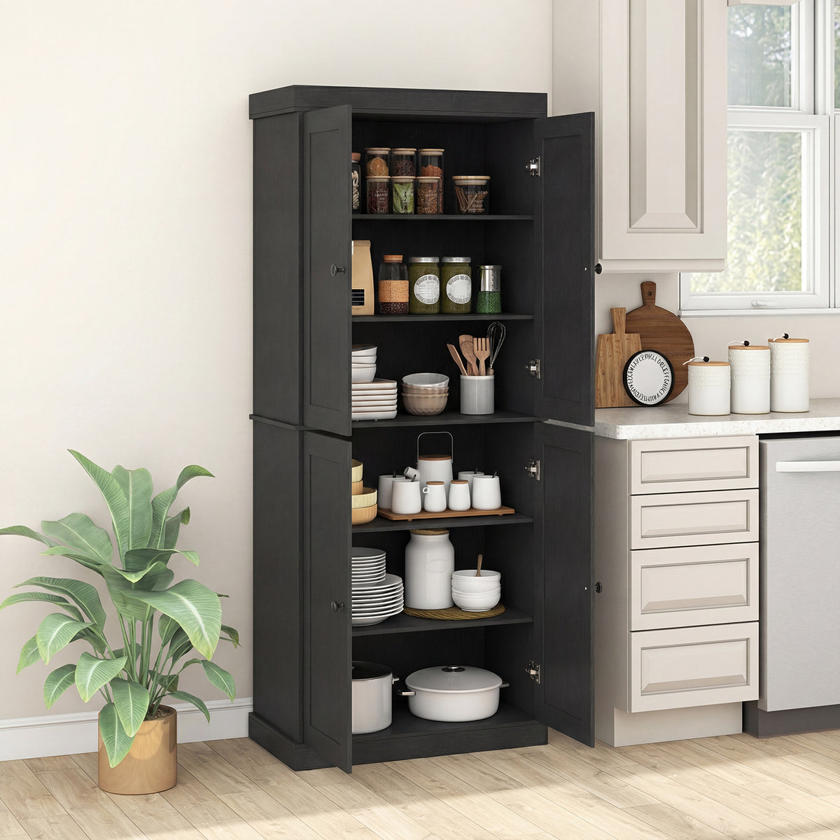 4-Door Modern Freestanding Storage Organizer with 2 Adjustable Shelves-Black