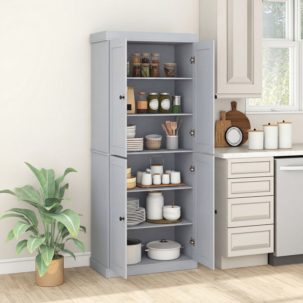 4-Door Modern Freestanding Storage Organizer with 2 Adjustable Shelves-Grey