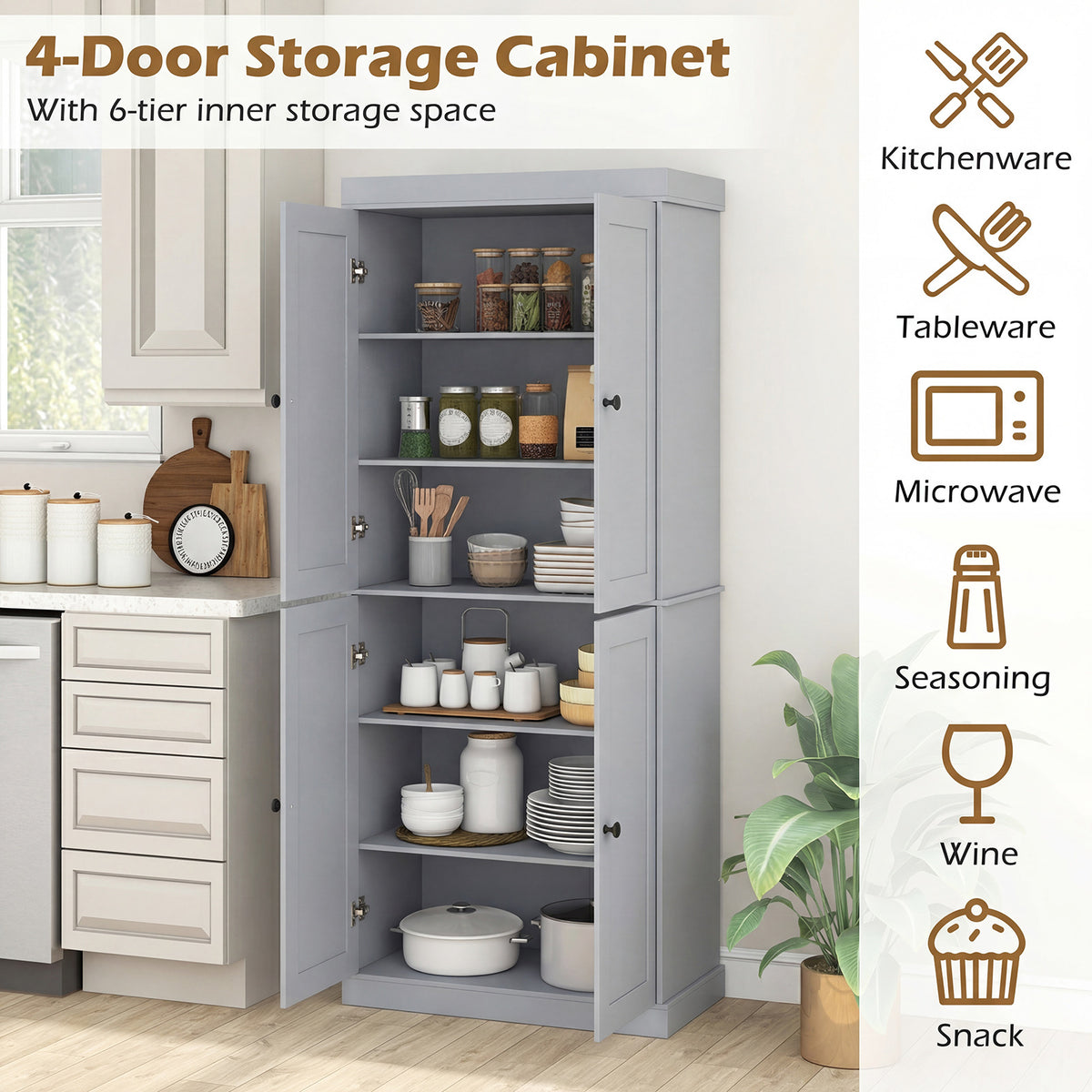 4-Door Modern Freestanding Storage Organizer with 2 Adjustable Shelves-Grey