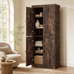 4-Door Modern Freestanding Storage Organizer with 2 Adjustable Shelves-Rustic Brown