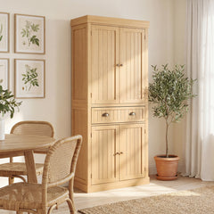 4-Door Tall Kitchen Cupboard Adjustable Shelves and Drawer-Natural