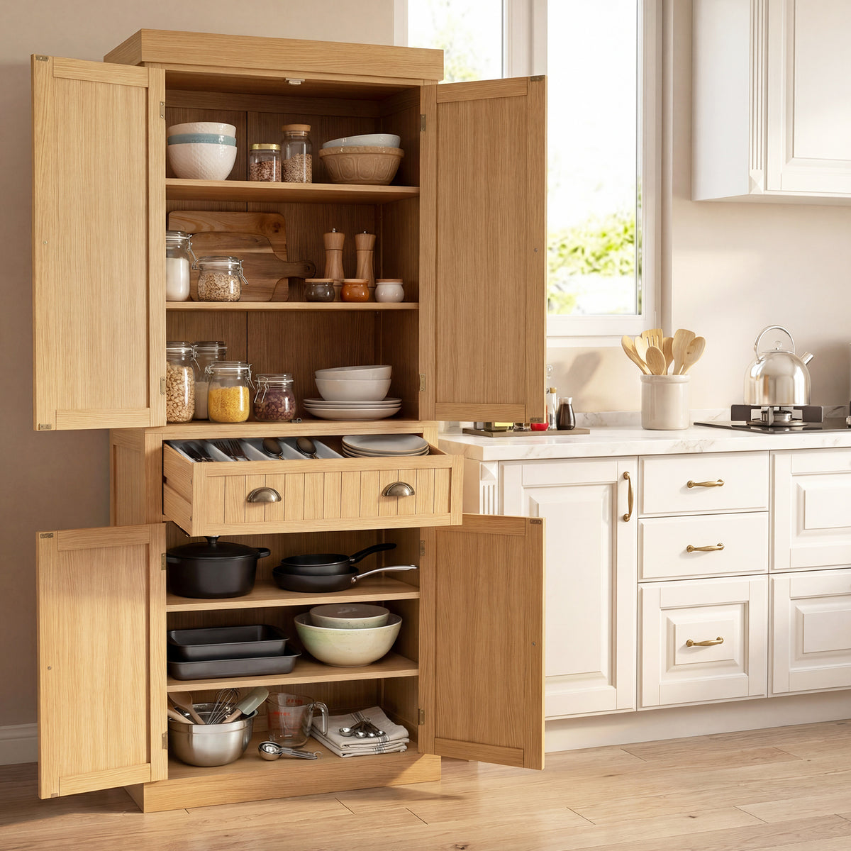 4-Door Tall Kitchen Cupboard Adjustable Shelves and Drawer-Natural