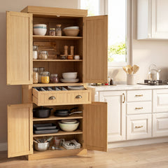 4-Door Tall Kitchen Cupboard Adjustable Shelves and Drawer-Natural