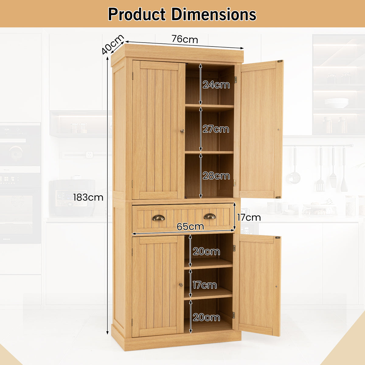 4-Door Tall Kitchen Cupboard Adjustable Shelves and Drawer-Natural