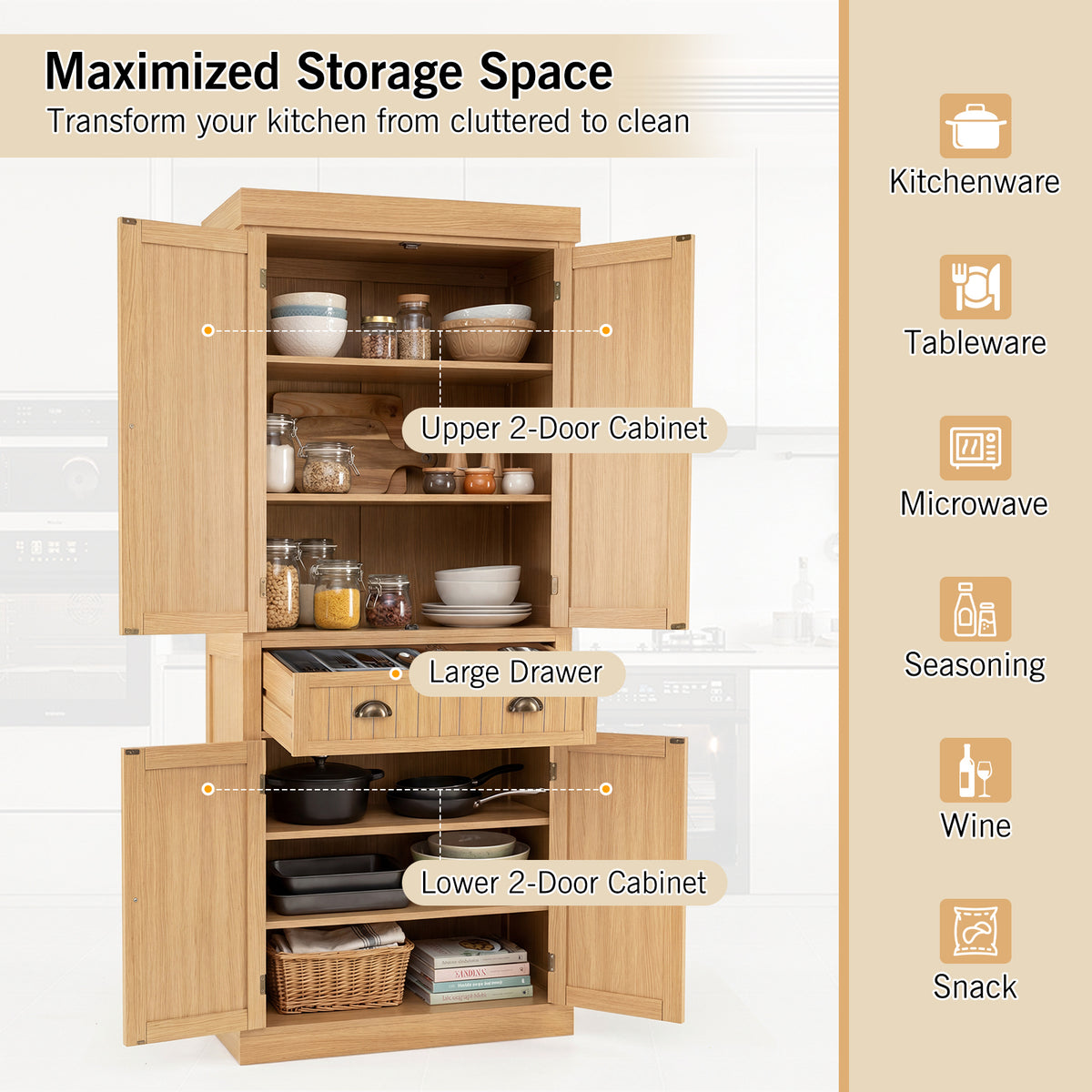 4-Door Tall Kitchen Cupboard Adjustable Shelves and Drawer-Natural