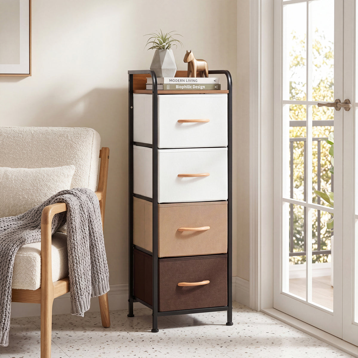 4-Drawer Dresser with Removable Fabric Bins and Top Shelf Narrow for Bedroom-Multicolor