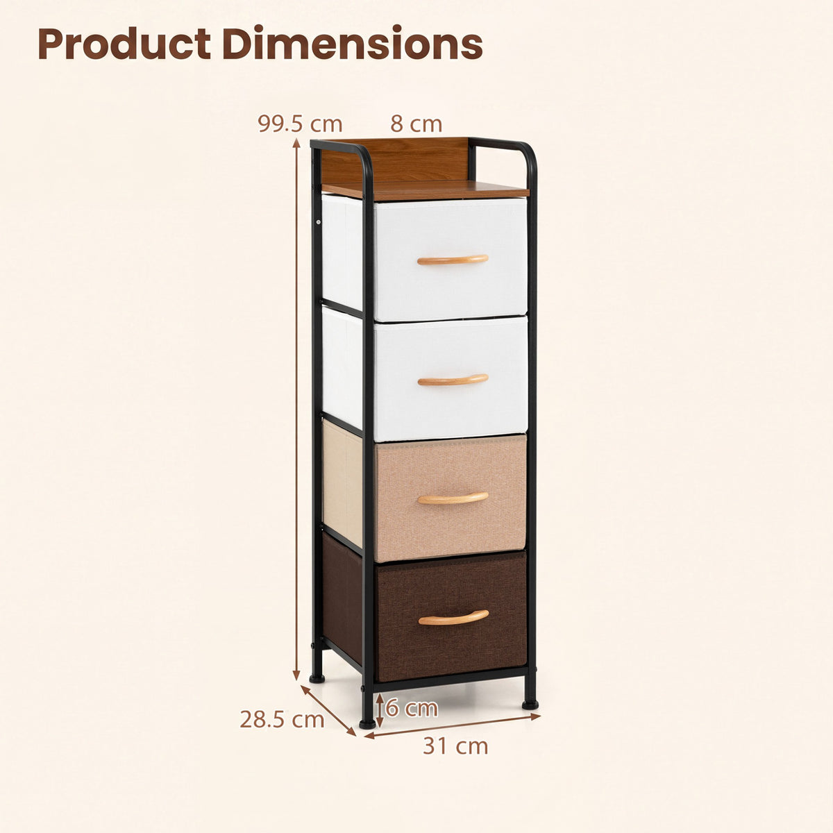 4-Drawer Dresser with Removable Fabric Bins and Top Shelf Narrow for Bedroom-Multicolor