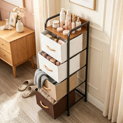4-Drawer Dresser with Removable Fabric Bins and Top Shelf Narrow for Bedroom-Multicolor