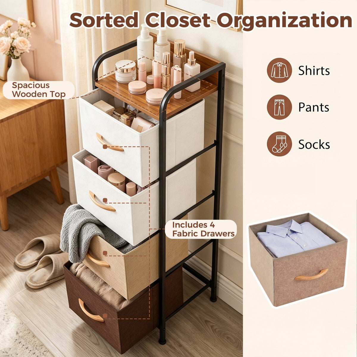 4-Drawer Dresser with Removable Fabric Bins and Top Shelf Narrow for Bedroom-Multicolor