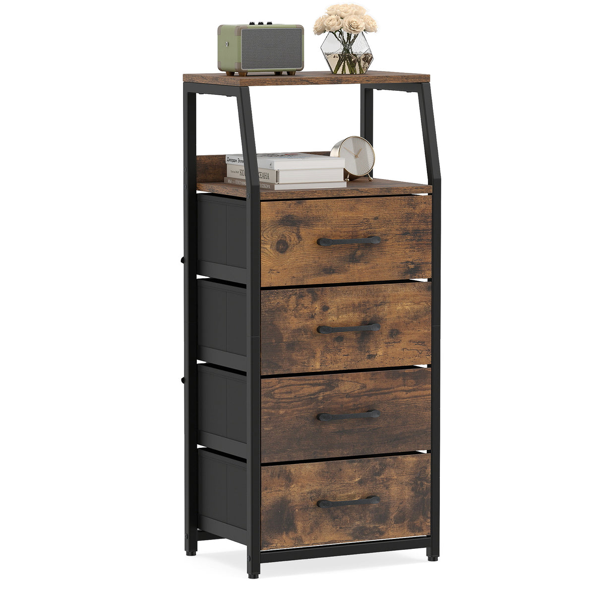 4-Drawer Storage Cabinet with Detachable and Foldable Fabric Drawers-Rustic Brown