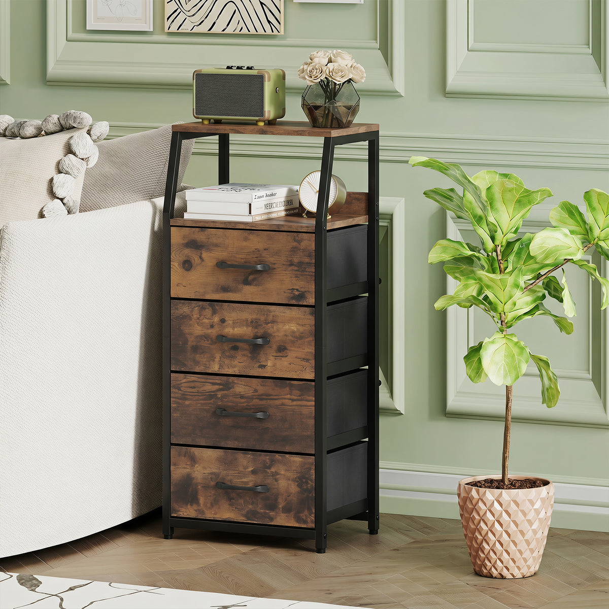 4-Drawer Storage Cabinet with Detachable and Foldable Fabric Drawers-Rustic Brown