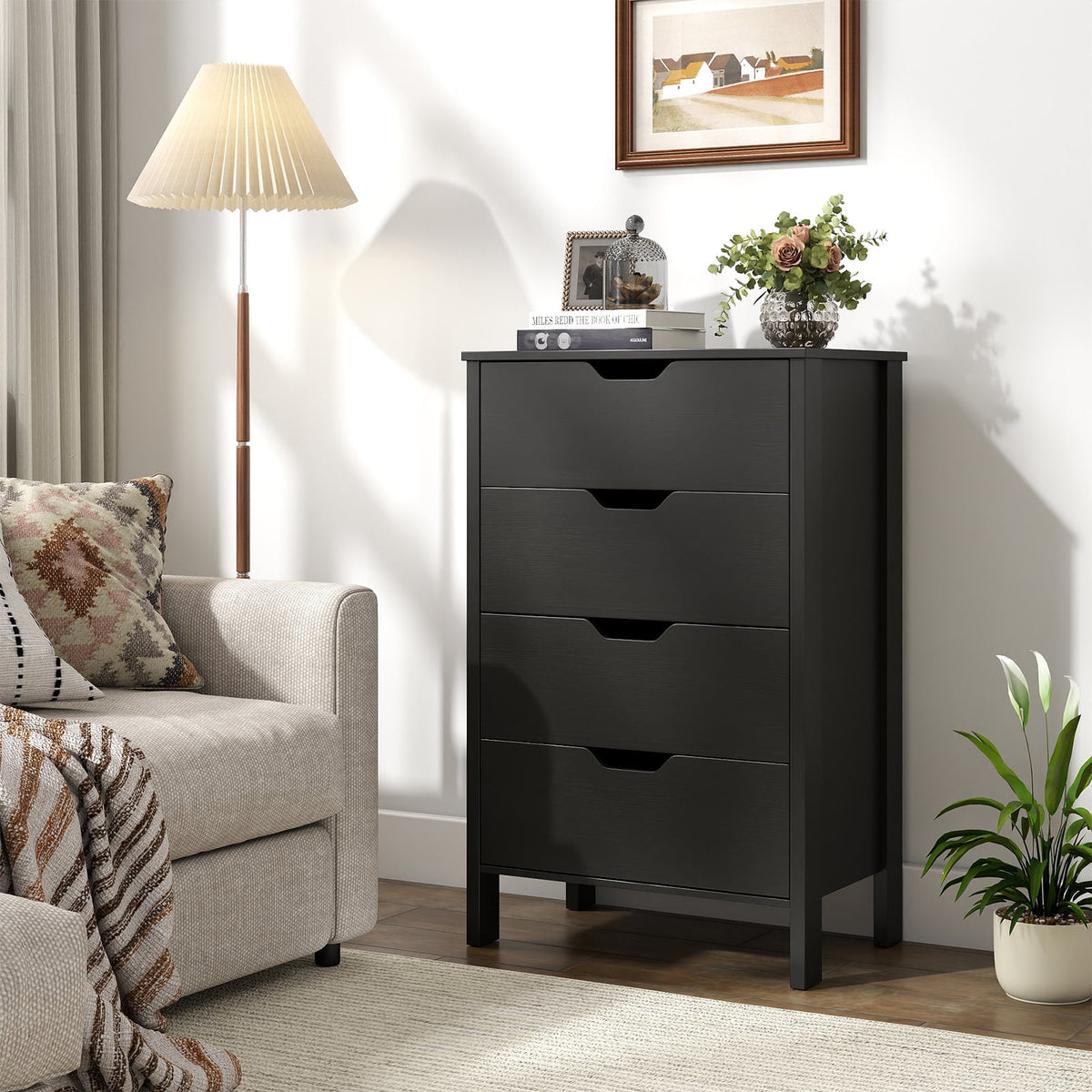 4-Drawer Wooden Tall Utility Storage Dresser with Anti-Toppling Kits for Bedroom-Black