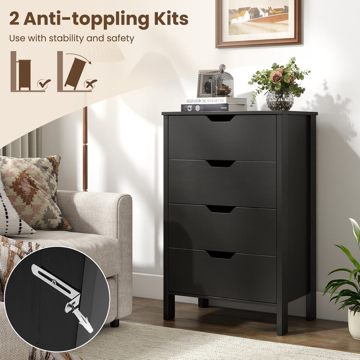 4-Drawer Wooden Tall Utility Storage Dresser with Anti-Toppling Kits for Bedroom-Black