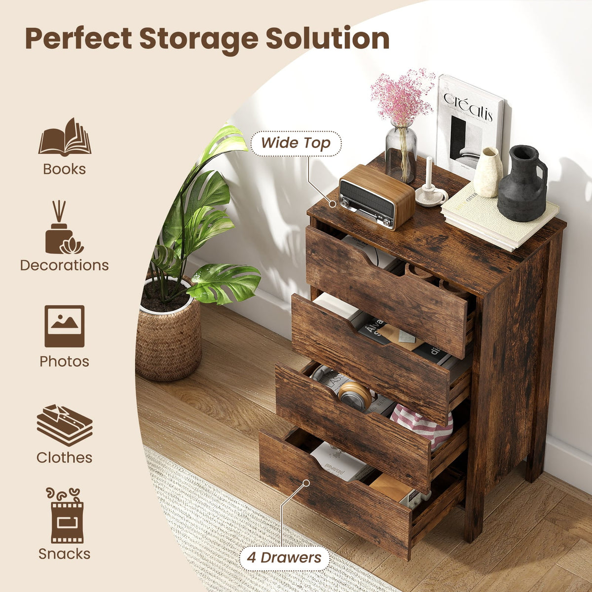 4-Drawer Wooden Tall Utility Storage Dresser in Rustic Brown, image 6