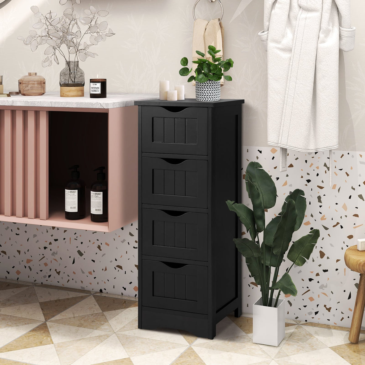 4 Drawers Bathroom Floor Cabinet with Curved Handle-Black