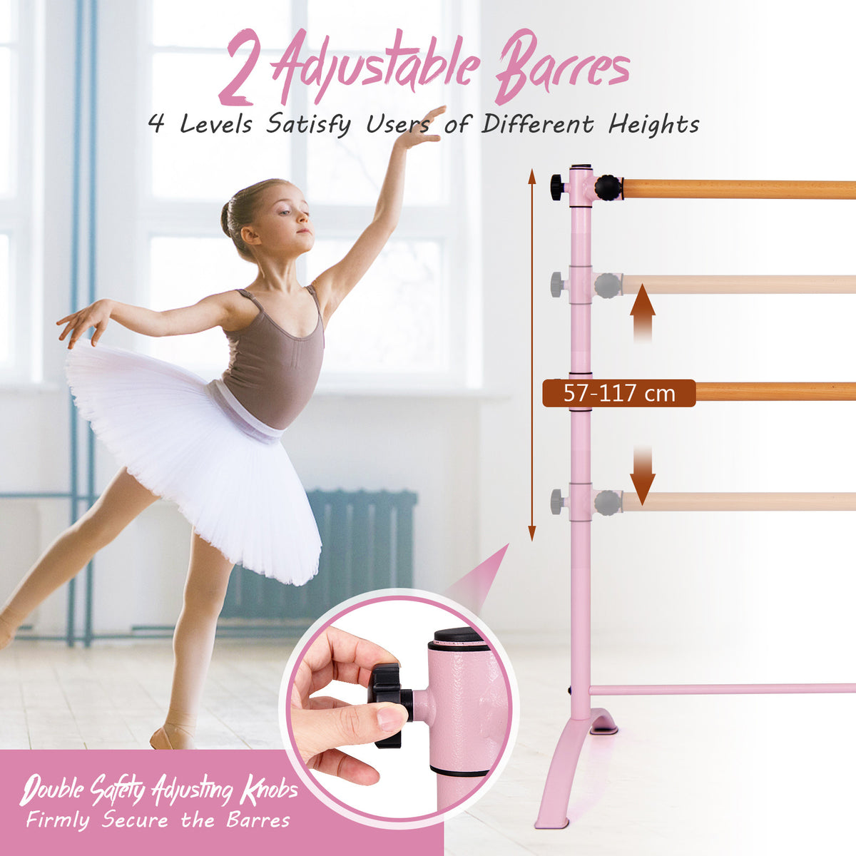 4 Feet Freestanding Ballet Barre with Height Adjustable-Pink