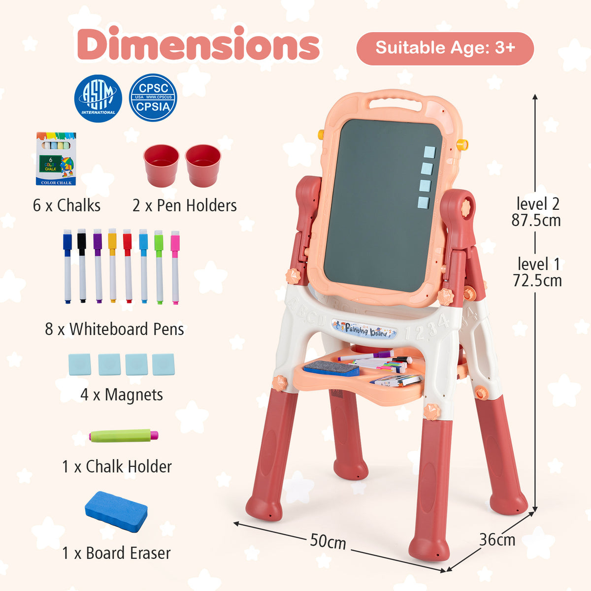 4-In-1 Double Side Easel for Toddler with Magnetic Chalkboard-Peach