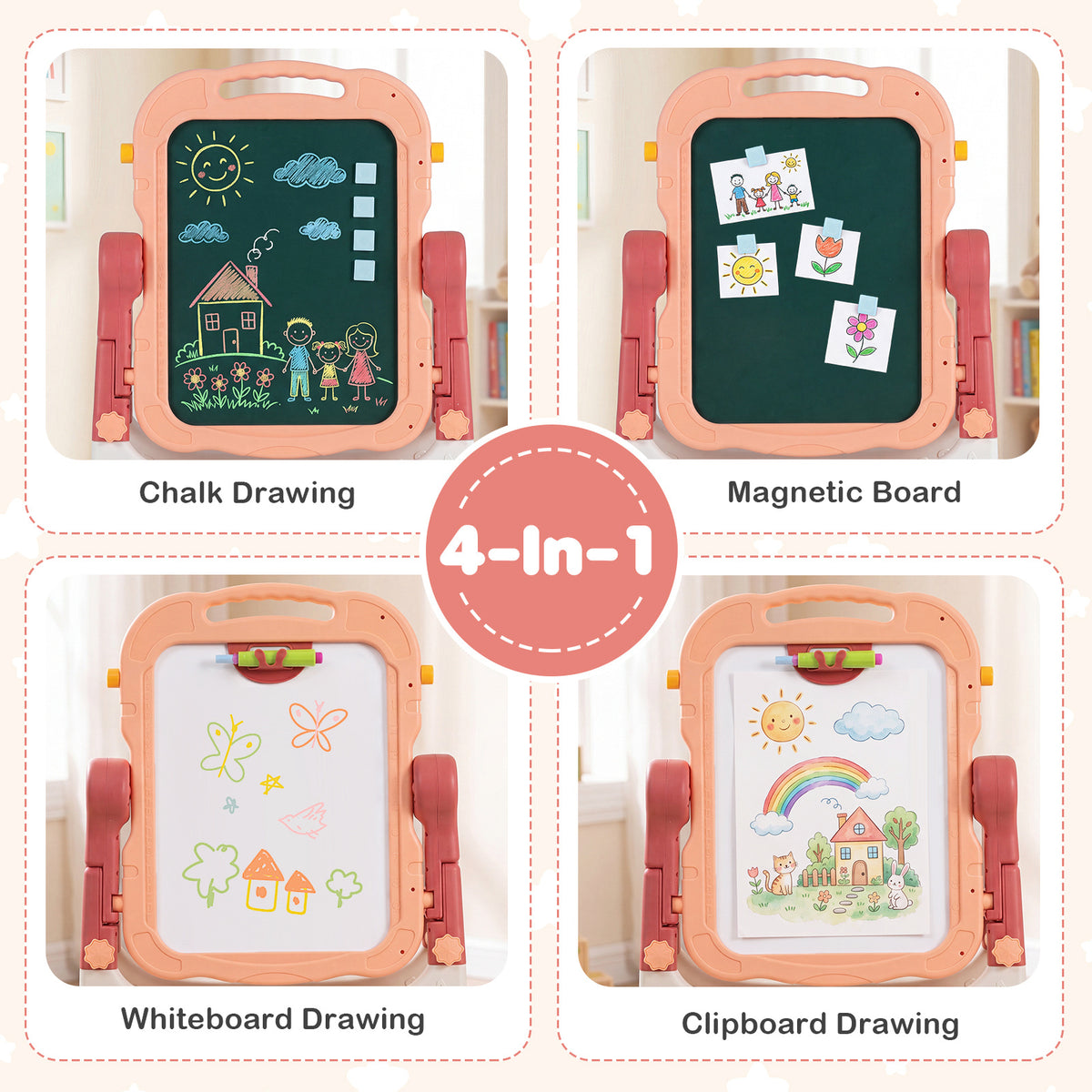 4-In-1 Double Side Easel for Toddler with Magnetic Chalkboard-Peach