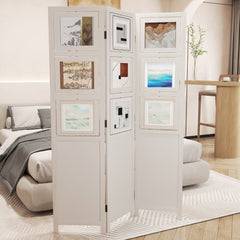 4-Panel Faux Linen Room Divider with Storage Bags Folding Privacy Screen-White