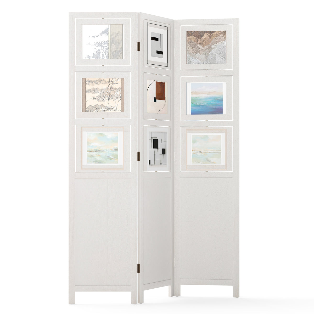 4-Panel Faux Linen Room Divider with Storage Bags Folding Privacy Screen-White