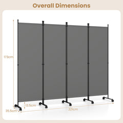 4-Panel Room Divider 173 CM Tall Folding Privacy Screen-Grey