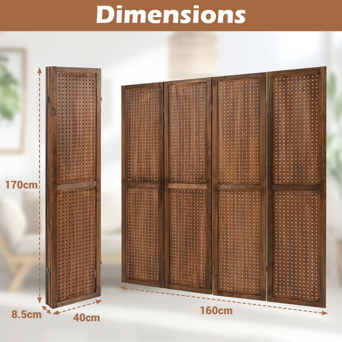 170cm 4-Panel Folding Room Divider with 360° Metal Hinges and Solid Wood Frame-4-Panel