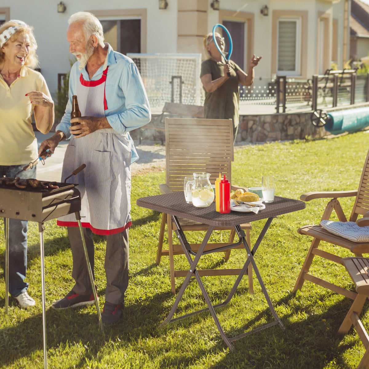 4-Person Rattan Textured Folding Picnic Table Square Patio Dining Table-Rustic Brown