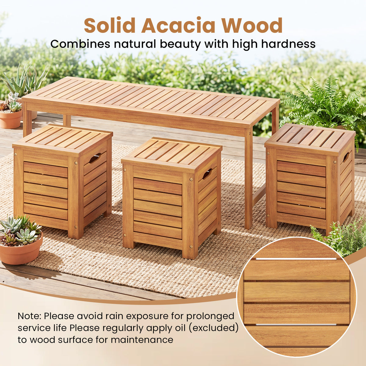 4-Piece Outdoor Bench and Storage Box Set with Lids and Built-in Side Handles