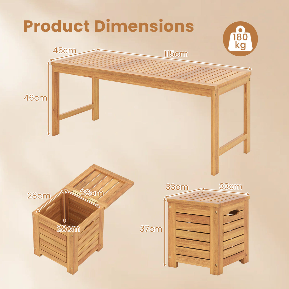 4-Piece Outdoor Bench and Storage Box Set with Lids and Built-in Side Handles