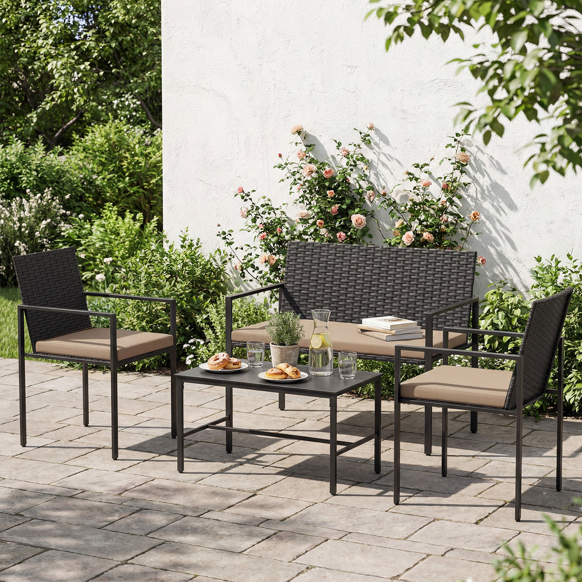 4-Piece Outdoor Rattan Chairs and Loveseat with Tempered Glass Coffee Table for Backyard-Yellow