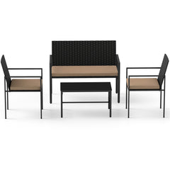 4-Piece Outdoor Rattan Chairs and Loveseat with Tempered Glass Coffee Table for Backyard-Yellow