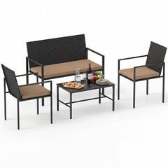 4-Piece Outdoor Rattan Chairs and Loveseat with Tempered Glass Coffee Table for Backyard-Yellow