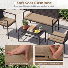 4-Piece Outdoor Rattan Chairs and Loveseat with Tempered Glass Coffee Table for Backyard-Yellow