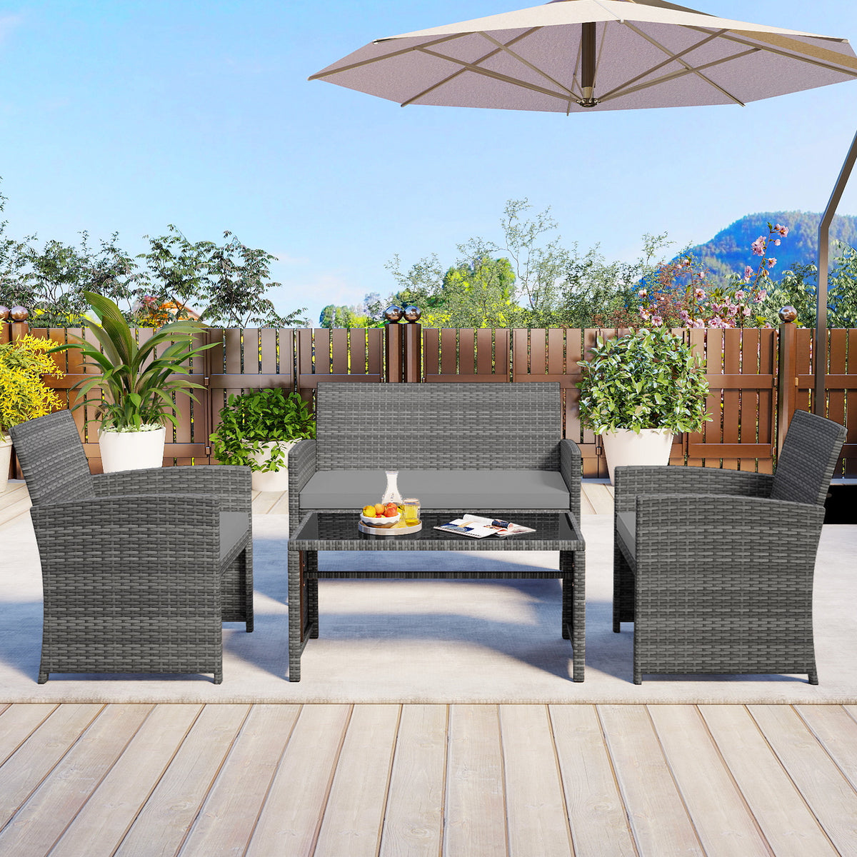 4 Piece Patio Conversation Set Rattan Chair Loveseat and Table Set with Seat Cushions-Grey