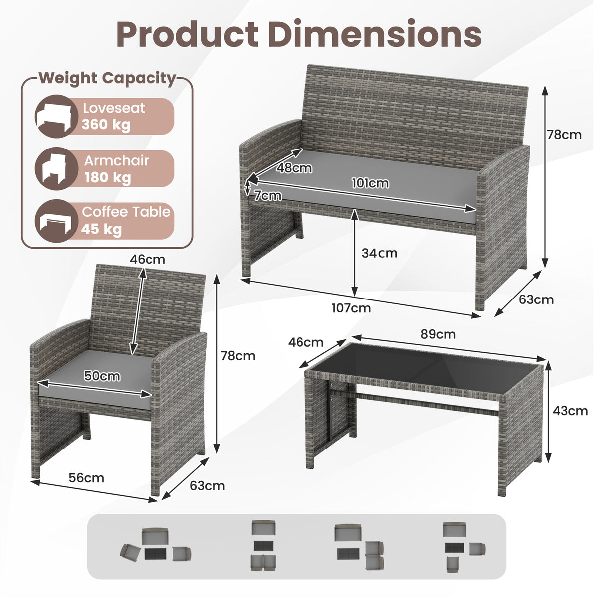 4 Piece Patio Conversation Set Rattan Chair Loveseat and Table Set with Seat Cushions-Grey