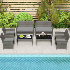 4 Piece Patio Conversation Set Rattan Chair Loveseat and Table Set with Seat Cushions-Grey