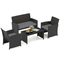 4 Piece Patio Rattan Conversation Set Wicker Loveseat Armchairs-Grey