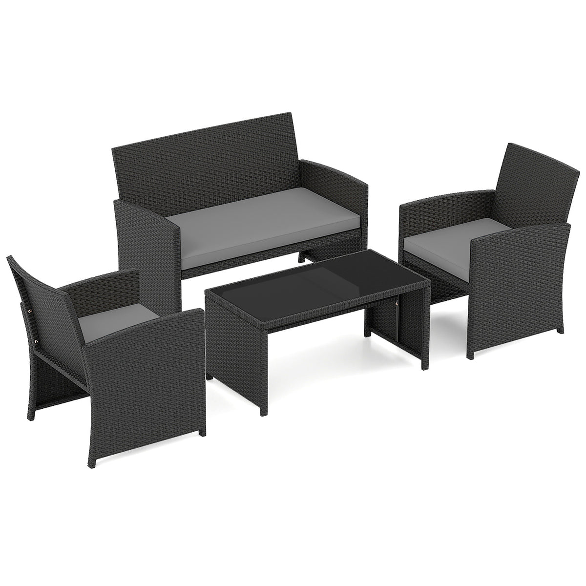 4 Piece Patio Rattan Conversation Set Wicker Loveseat Armchairs-Grey