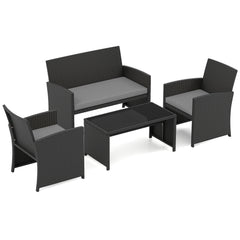 4 Piece Patio Rattan Conversation Set Wicker Loveseat Armchairs-Grey