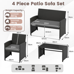 4 Piece Patio Rattan Conversation Set Wicker Loveseat Armchairs-Grey