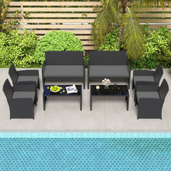 4 Piece Patio Rattan Conversation Set Wicker Loveseat Armchairs-Grey