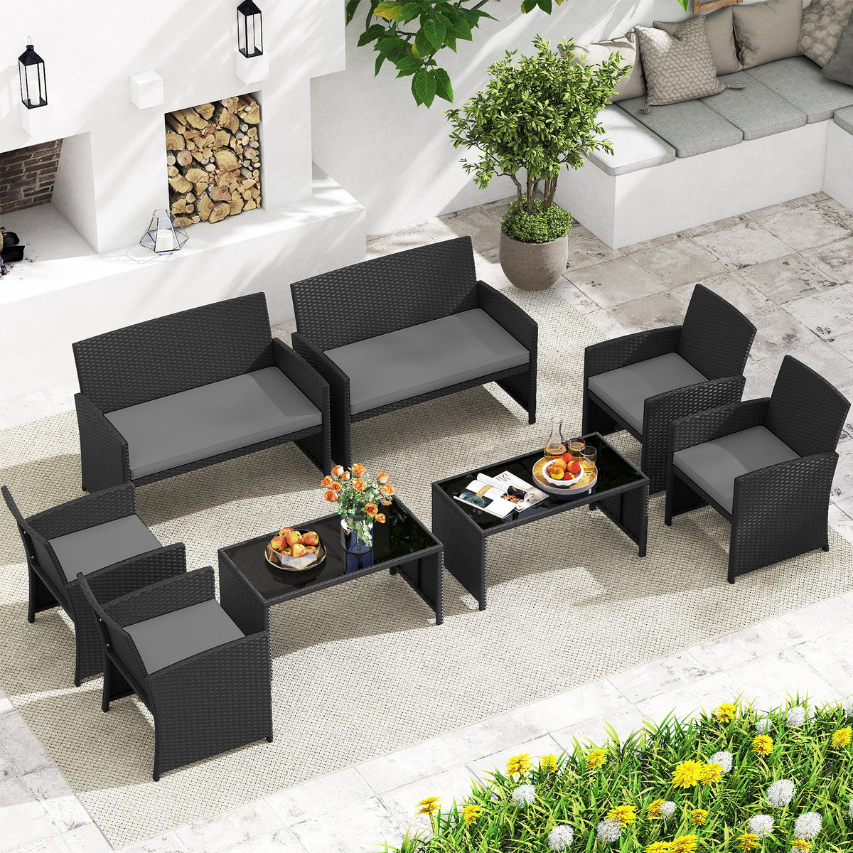 4 Piece Patio Rattan Conversation Set Wicker Loveseat Armchairs-Grey