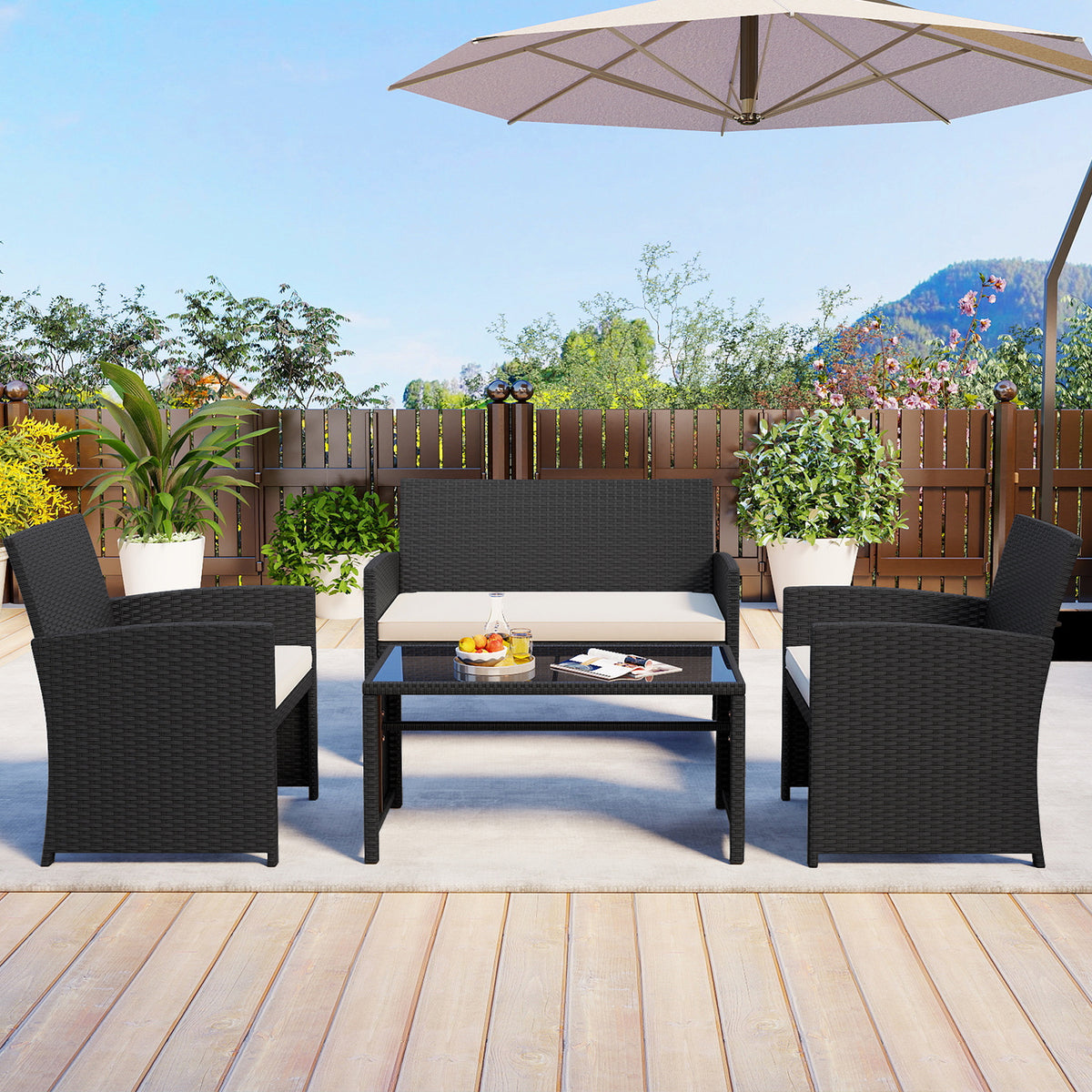 4 Piece Patio Rattan Conversation Set Wicker Loveseat Armchairs-White