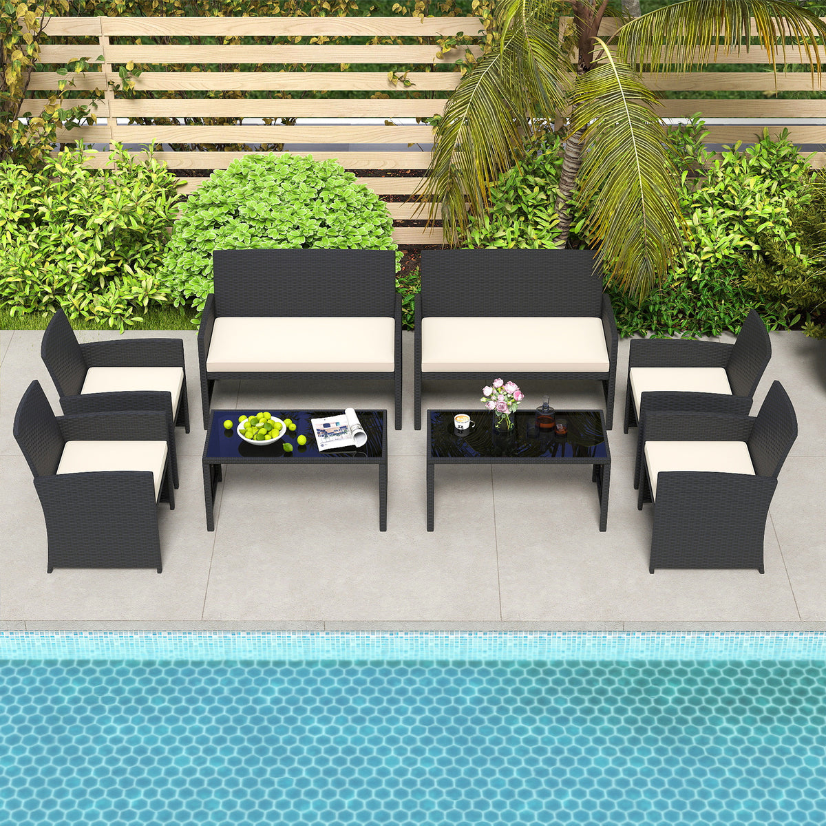 4 Piece Patio Rattan Conversation Set Wicker Loveseat Armchairs-White
