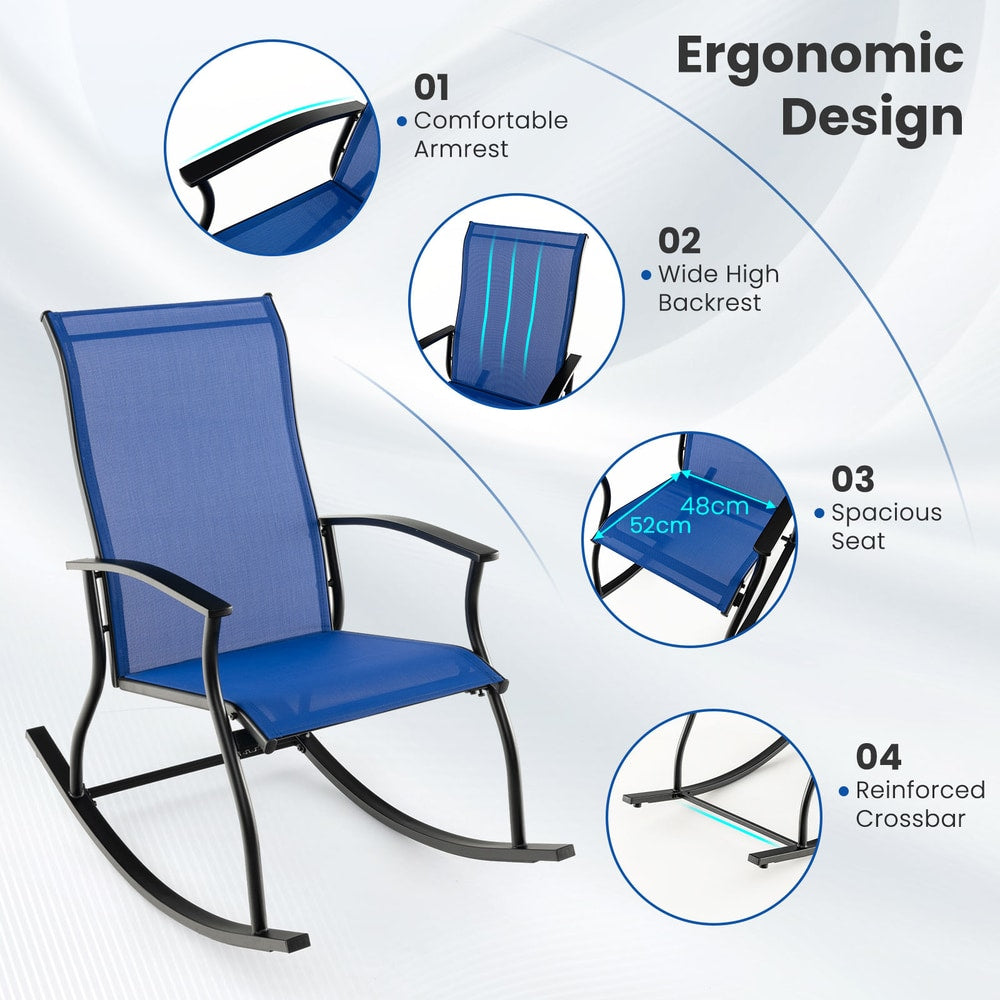 Close up of a navy blue patio rocking chair, highlighting its armrest, backrest, seat, and reinforced crossbar