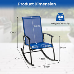 Diagram showing the dimensions of a navy blue outdoor rocking chair, including height, width, and depth