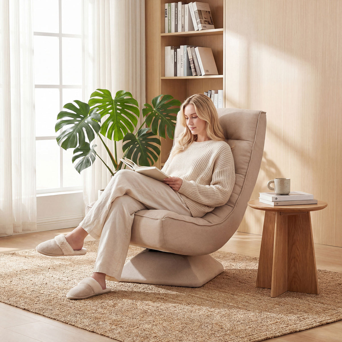 4-Position Adjustable Floor Chair with Swivel Base-Beige